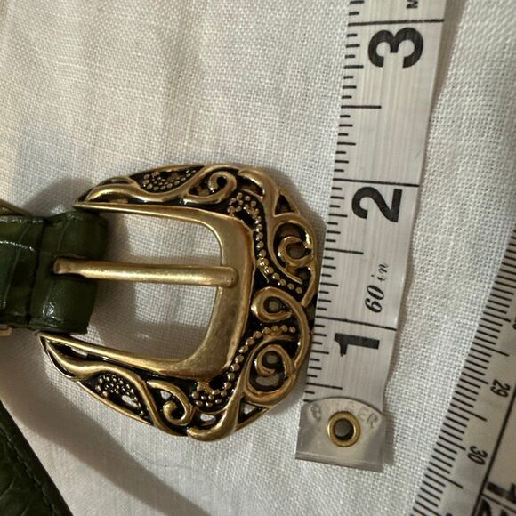 Coldwater Creek Green Croc Embossed Leather Belt Ornate Gold Buckle Medium Y2K